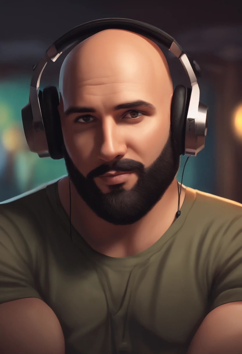 a man, bald, using a black cap, short beard, brown eyes, with headphones, a music studio in background, image in pixar style, black t-shirt