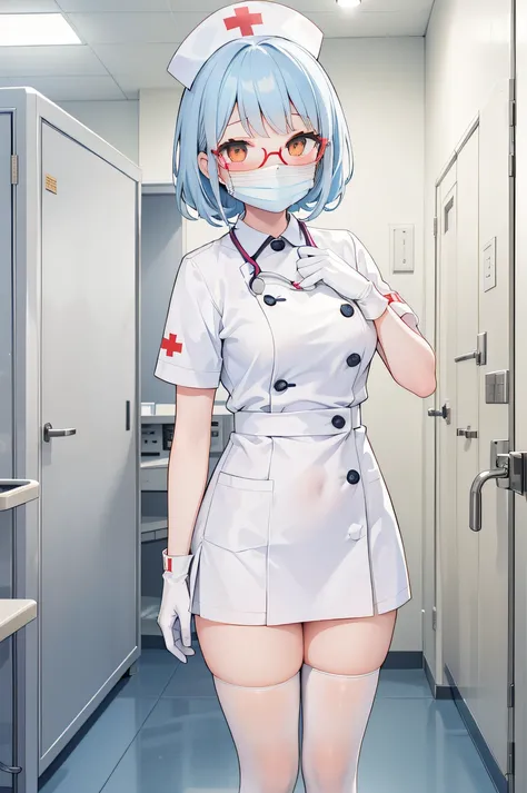 1girl, solo, nurse, nurse cap, white wear, ((white legwear, zettai ryouiki)), white gloves, glasses, blue hair, orange eyes, ((white surgical mask, covered nose)), standing, ((hospital room)), sharp outline, short sleeves, best quality, masterpiece