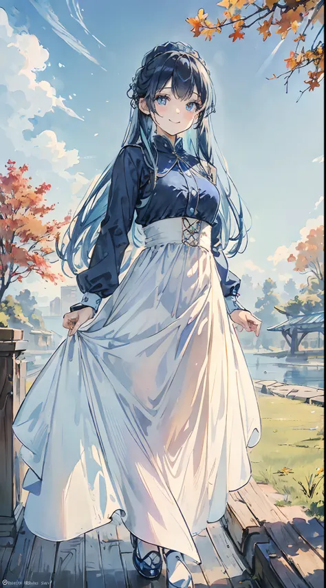 (High resolution, ultra-detailliert), 1 pretty girl, Solo, Long light blue hair,Highly detailed blue eyes, (a park), kindly smile、Dynamism,blue-sky、Sunlight,Long Sleeve Autumn Dresses