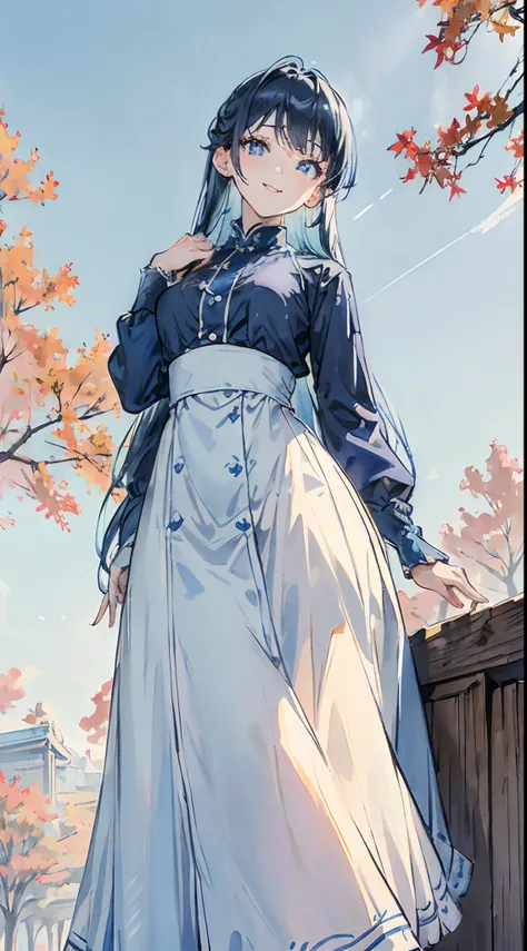 (High resolution, ultra-detailliert), 1 pretty girl, Solo, Long light blue hair,Highly detailed blue eyes, (a park), kindly smile、Dynamism,blue-sky、Sunlight,Long Sleeve Autumn Dresses