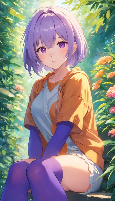 best qualtiy， tmasterpiece， 超高分辨率， realisticlying， 1 girl， long  white hair，Heterochromic pupils，Long legs，Rise cute sweatshirt，Slightly drunk，Stick out your tongue，Purple stockings on the bottom，trpical garden，wide angles