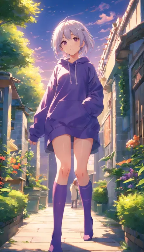 best qualtiy， tmasterpiece， 超高分辨率， realisticlying， 1 girl， long  white hair，Heterochromic pupils，Long legs，Rise cute sweatshirt，Slightly drunk，Stick out your tongue，Purple stockings on the bottom，trpical garden，wide angles