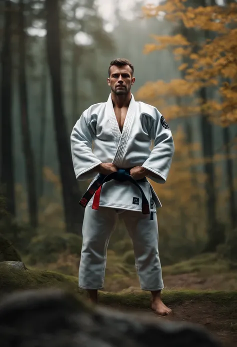 homem em frente a uma gigantesca montanha ao fundo, with arms crossed, Man in combat position, Quimono de jiu-jitsu, 8k, hyper realista, detalhado.