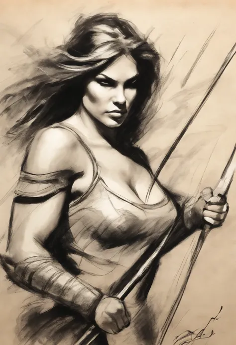 Rough charcoal sketch on old paper, Muscular female warrior, with spear image,Dynamic pose,Clean line art,+Expressive lines,Paint in an expressive sketch style, hatching, Black and white sketch, handpainted, Rough charcoal sketch on old paper, Muscular fem...