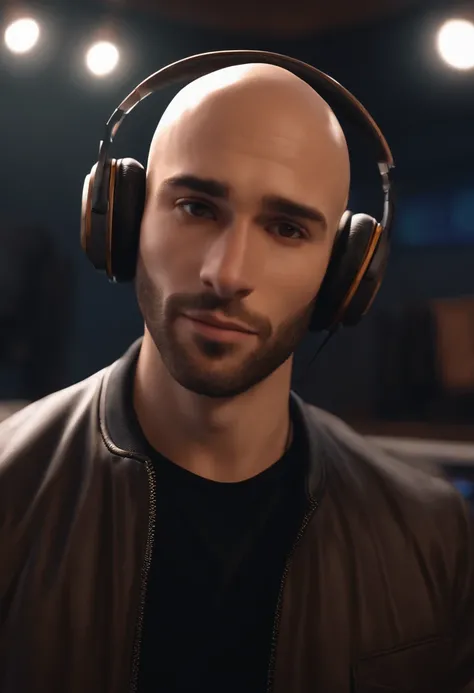 A bald young man with a short beard and brown eyes with headphones wearing a black jacket in a music studio, Imagem no estilo Pixar, Estilo de filme animado 3D, Disney