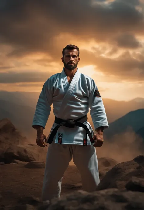 homem em frente a uma gigantesca montanha ao fundo, with arms crossed, Man in combat position, Quimono de jiu-jitsu, 8k, hyper realista, detalhado.