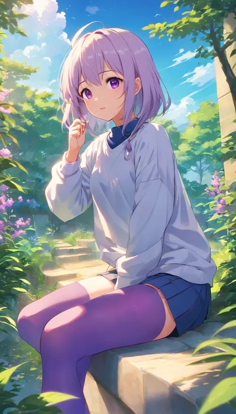 best qualtiy， tmasterpiece， 超高分辨率， realisticlying， 1 girl， long  white hair，Heterochromic pupils，Rise cute sweatshirt，（Slightly drunk expression），（Stick out your tongue），Purple stockings at the bottom，trpical garden，wide angles