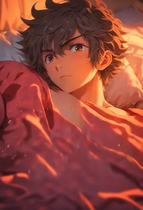 Kaedehara Kazuha, laying on bed, anime male style, a hand between his legs, his belly showing, a wet patch on his crotch, a worried face, blushing