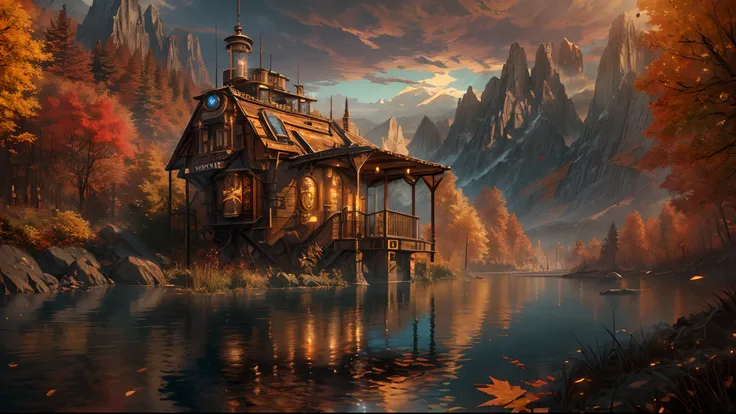 (best quality,4k,8k,highres,masterpiece:1.2), concept art, medium shot, (steampunk theme:1.5), steampunk (cabin:1.2) with intricate pipes, mountain lake, autumn vibe, serene, cozy, limited palette, volumetric lighting