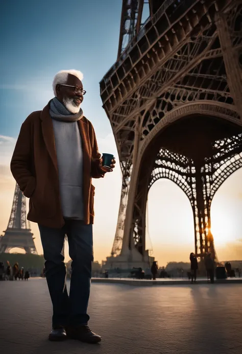 Imagine photorealistic 59 years african old man, showing full body, wearing glasses with white hair; short beard, thin lips, large nose, talking on his cellphone and drinking a coffe, while wearing a grey pullover and jeans, while standing in front of the ...