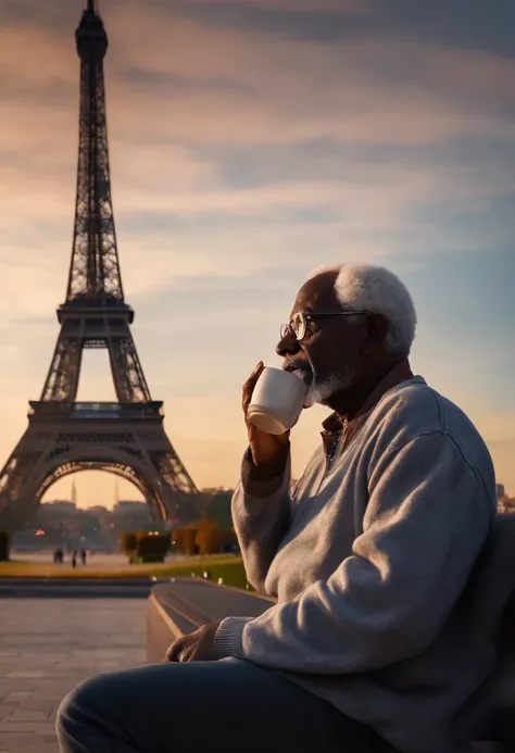 Imagine photorealistic 59 years african old man, showing full body, wearing glasses with white hair; short beard, thin lips, large nose, talking on his cellphone and drinking a coffe, while wearing a grey pullover and jeans, while standing in front of the ...