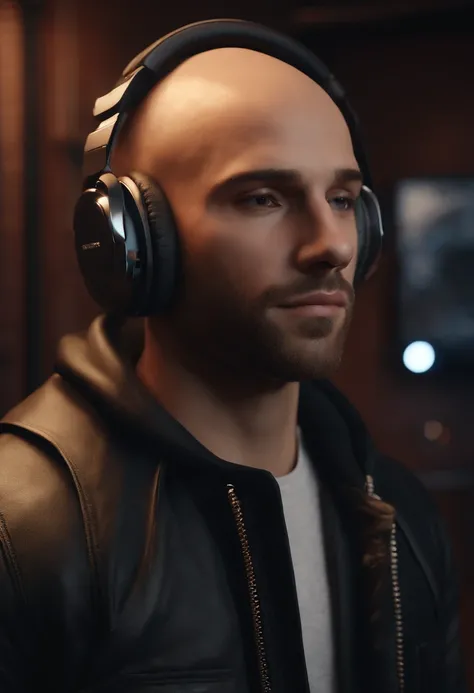 A bald young man with a short beard and brown eyes with headphones wearing a black jacket in a music studio, Imagem no estilo Pixar, Estilo de filme animado 3D, Disney