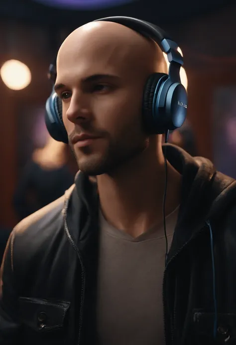 A bald young man with a short beard and brown eyes with headphones wearing a black jacket in a music studio, Imagem no estilo Pixar, Estilo de filme animado 3D, Disney