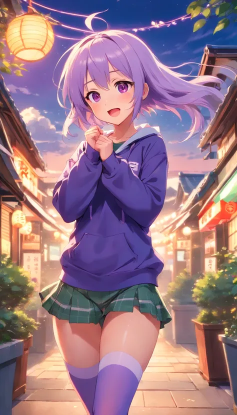 best qualtiy， tmasterpiece， 超高分辨率， realisticlying， 1 girl， long  white hair，Heterochromic pupils，Rise cute sweatshirt，（With a hairpin on the head）（slightly drunken expression），（Stick out your tongue），（Wink cute expression）（dancing pose）Bottoms purple stock...