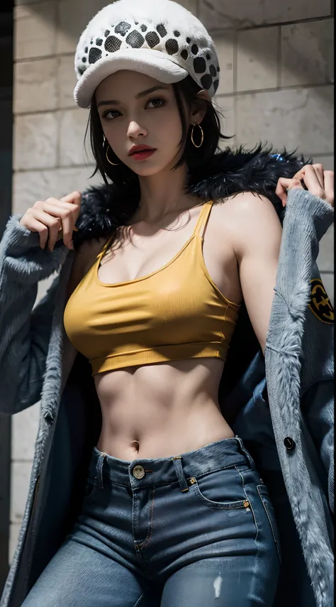 masterpiece, best quality, 8k,highestres, absurdres, extremely detailed, female trafalgar law, solo, looking at viewer, short hair, medium breasts, hat, navel, cleavage, collarbone, earrings, midriff, pants, coat, fur trim, denim, jeans, shoulder tattoo,  ...