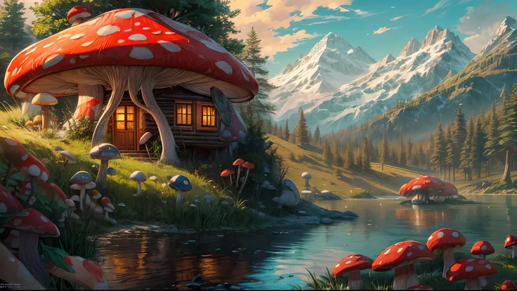 concept art, (mushroom style Cabin:1.5), mountain lake, vibrant multicolored illustration, magical array, Highly Elaborate, Extreme Detail, Viking, High Fantasy, D&D, Rivendale style, (by WETA, Lord of the Rings, BROM, Greg Hildebrandt, Dr. Seuss), 8k, UHD...