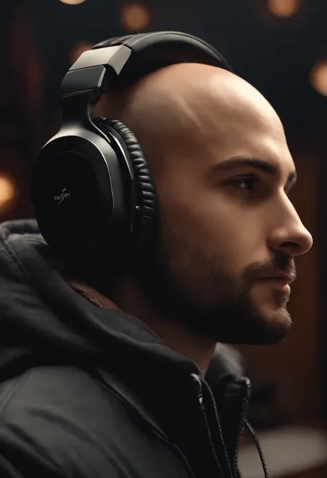 A bald young man with a short beard and brown eyes with headphones wearing a black jacket in a music studio, Imagem no estilo Pixar 3D Disney