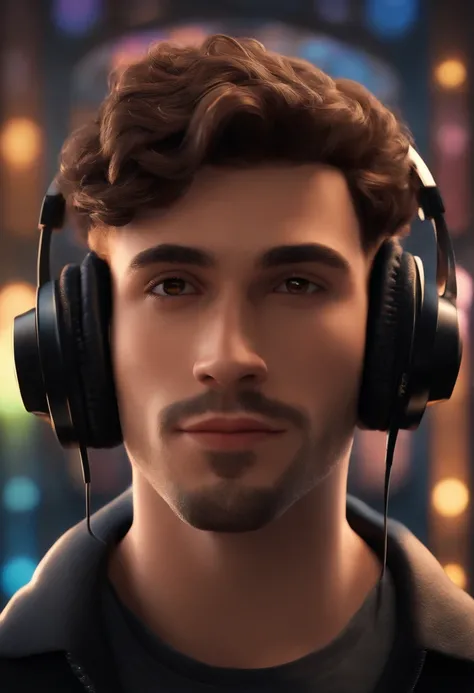 A bald young man with a short beard and brown eyes with headphones wearing a black jacket in a music studio, Imagem no estilo Pixar 3D Disney