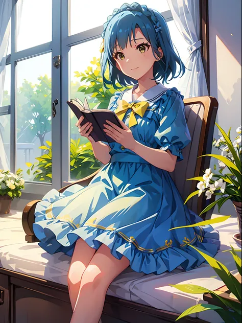 yuriko nanao (million live), 1 girl, Solo, Best Quality, masutepiece, 8K, High resolution, Ultra-detailed, lightsmile, Light blue dress, Sailor Color Dress, Short sleeves, Puffy sleeves, Yellow cardigan, Sitting near the window, Reading a book,