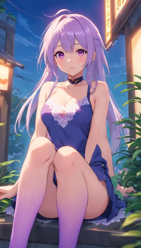 best qualtiy， tmasterpiece， 超高分辨率， realisticlying， 1 girl， long  white hair，Heterochromic pupils，Sexy lace top，（slightly drunken expression），（Stick out your tongue），（winking）（M-legs）Bottoms purple stockings，trpical garden，wide angles