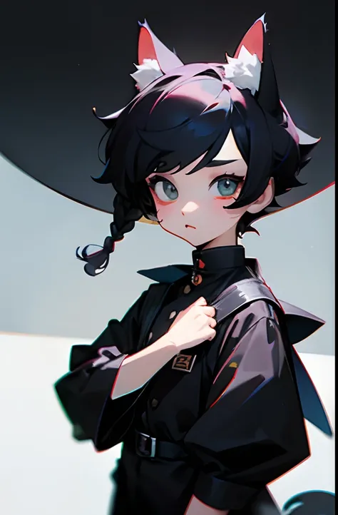 A genderless child with a unique hairstyle wearing a cool costume with black cat ears　mirai