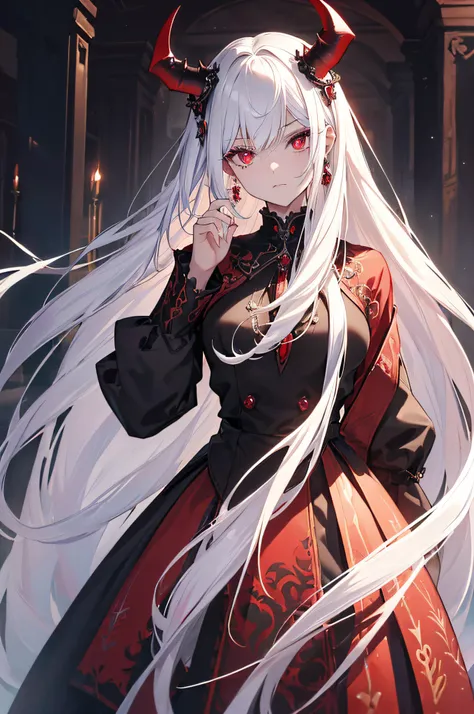 (best quality,ultra-detailed,highres:1.2),1 young girl,white hair,dark red eyes (darkred eyes:1.1),dark aura(aura:1.1),(mysterious,haunting:1.1) atmosphere,looks like a half demon,(demonic features,demon-like characteristics),(elaborate,ornate) earring,(da...