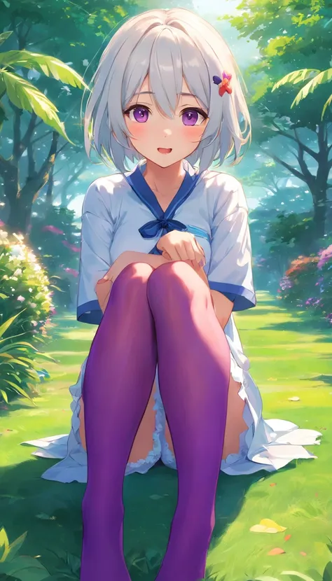 best qualtiy， tmasterpiece， 超高分辨率， realisticlying， 1 girl， long  white hair，Heterochromic pupils，Loose-fitting shirt top，（slightly drunken expression），（Stick out your tongue），（winking）（M-legs）Bottoms purple stockings，trpical garden，wide angles