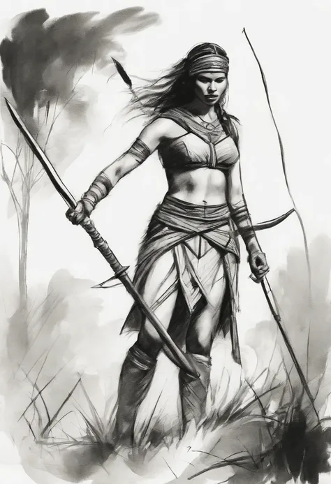 Rough charcoal sketch on old paper, Female jungle warrior, with spear image,Dynamic pose,Clean line art,+Expressive lines,Paint in an expressive sketch style, hatching, Black and white sketch, handpainted, Rough charcoal sketch on old paper, female image,D...