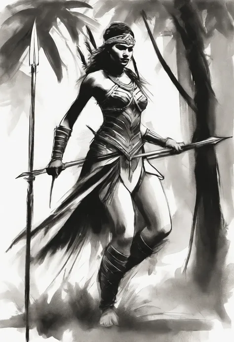 Rough charcoal sketch on old paper, Female jungle warrior, with spear image,Dynamic pose,Clean line art,+Expressive lines,Paint in an expressive sketch style, hatching, Black and white sketch, handpainted, Rough charcoal sketch on old paper, female image,D...