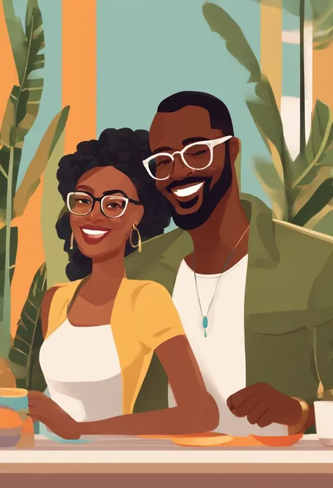 Imagine a middle age handsome african man wearing glasses with a strong chin, short beard, ponytail hair with a tight outfit and a caucasian woman wearing glasses with a smile, colorful clothes on a plain background