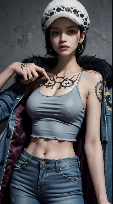 masterpiece, best quality, 8k,highestres, absurdres, extremely detailed, female trafalgar law, solo, looking at viewer, short hair, medium breasts, hat, navel, cleavage, collarbone, earrings, midriff, pants, coat, fur trim, denim, jeans, shoulder tattoo,  ...