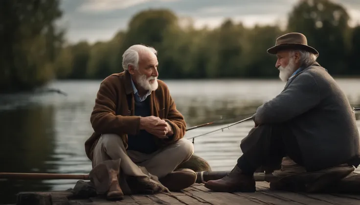 The old man sat and talked with a young man, both of them were fishing and watching the swans