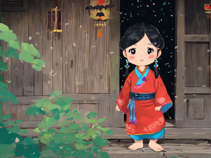 A little Chinese girl，The two braids are cute，There is a blush on the face，tealpoll shirt，Teal trousers，The clothes are the clothes of the Zhuang people，Standing in the doorway，It was sad to watch the heavy rain outside the door，The girl lives in a village...