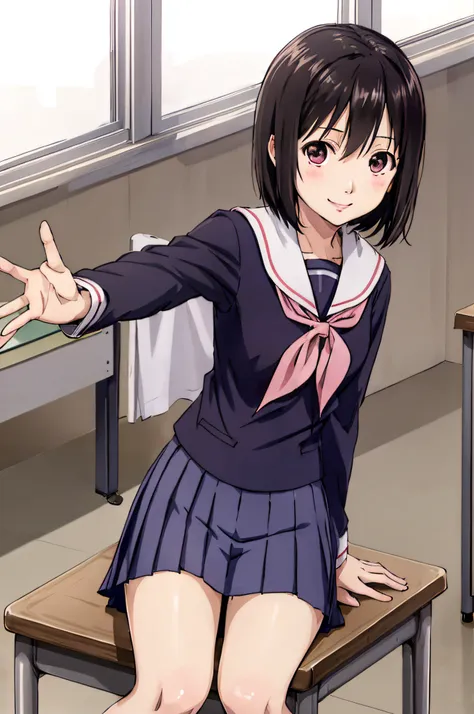 nakahara_misaki、a sailor suit、white blouse、pink tie、dark blue pleated skirt、‎classroom、lonely、the best smile、sitting on、panties ...