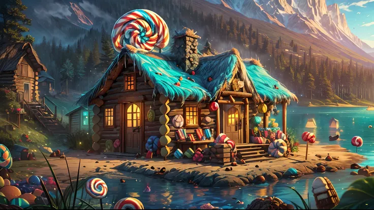 concept art, (cabin of candy and cookies:1.5), mountain lake, vibrant multicolored illustration, magical array, Highly Elaborate, Extreme Detail, Viking, High Fantasy, D&D, Rivendale style, (Hansel and Gretel inspired), 8k, UHD, HDR, (Masterpiece:1. 5), (b...