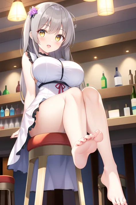 1girl, breast, grey hair, yellow eyes, smile, :o, bar stool, (sit), from below, looking at viewer, dress, (toes), foot focus, (i...