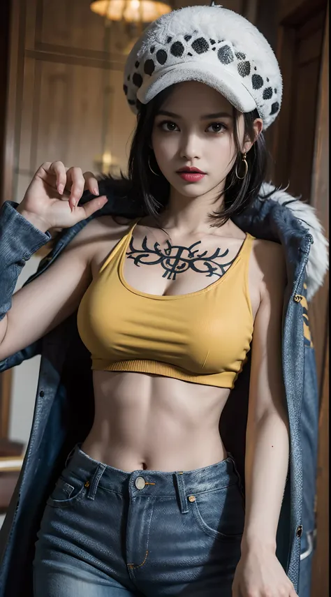 masterpiece, best quality, 8k,highestres, absurdres, extremely detailed, female trafalgar law, solo, looking at viewer, short hair, medium breasts, hat, navel, cleavage, collarbone, earrings, midriff, pants, coat, fur trim, denim, jeans, shoulder tattoo,  ...