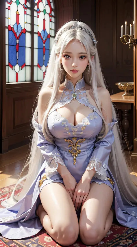 masutepiece、high-detail、accurate depiction、hight resolution、Raw photo、Photoreal Stick、1 woman、hips up high、large full breasts、beautifull detailed face、beautidful eyes、Beautiful lips、white  hair、long、Goddess clothing、Purple and gold dress、Perfect body、tre a...