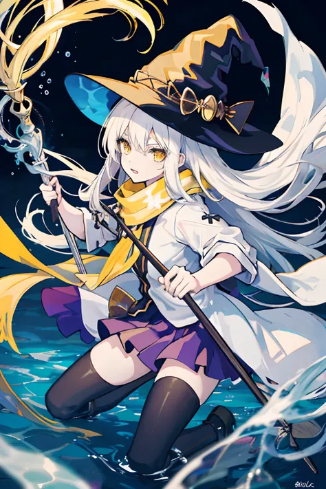 anime girl, witch, white hair, yellow eyes, scarf, long hair, witch hat, white shirt, staff, pointing staff, combat stance, fighting, underwater background