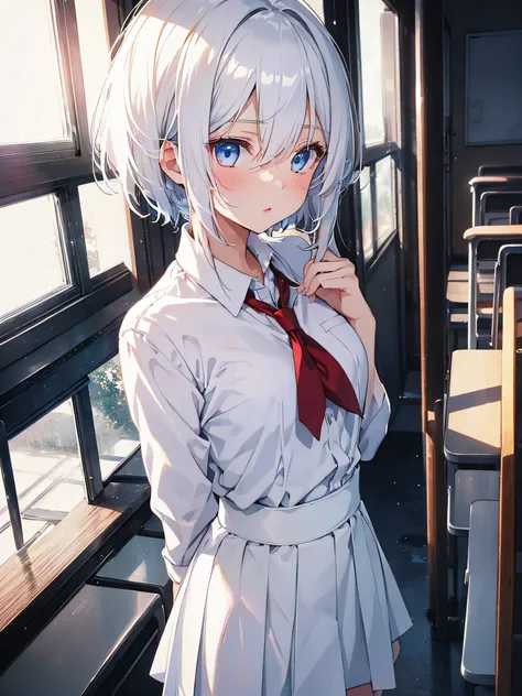 one girl. white hair girl. sky blue eyes. highschool girl. short hair.white and red school uniform. school. classroom. dark lighting. evening. cute