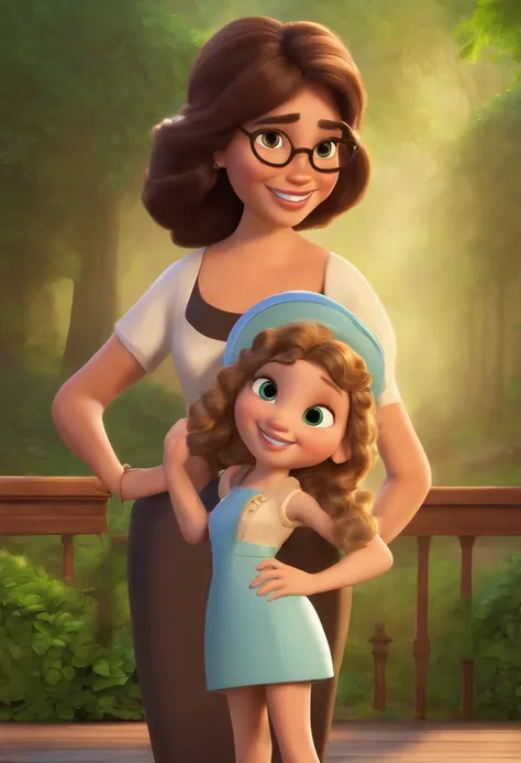 Disney Pixar animation poster, written: Two friends and a secret! showing two women. A brunette, with curly hair. Green eyes, Wearing a blouse that shows the shoulder. Another blonde woman, with straight hair down to her shoulders, wearing blue glasses, wi...