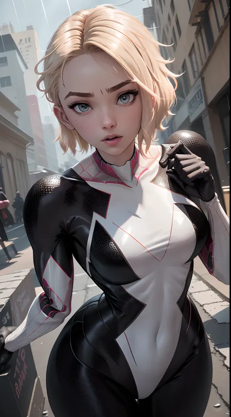 spider-gweb as a 18-year-old girl, upper body, close-up, black spider-man suit, short hair, blonde hair, beautiful face, fightin...