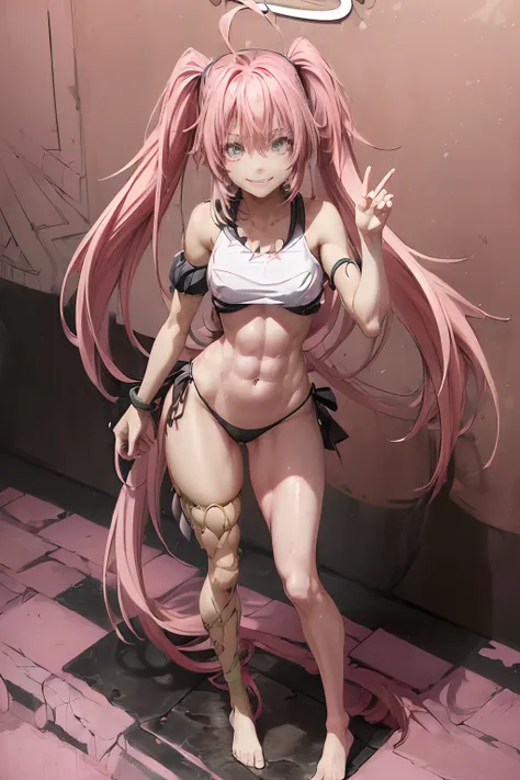 (((A beautiful and sadistic teenager))), (((Messy pink hair))), (((tied in two tails))),(((very bright eyes))), ((Happy smile)) , (black bikini), (8k anime style), (ultra detailed image), (stunning beach), (meticulously detailed body with incredible textur...