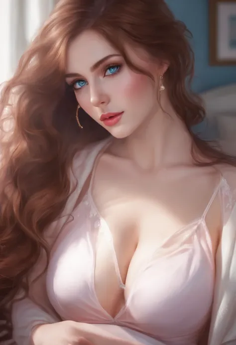 nsfw, big boobs, in bedroom, pink pussy, long hair, brown hair, pretty, blue eyes