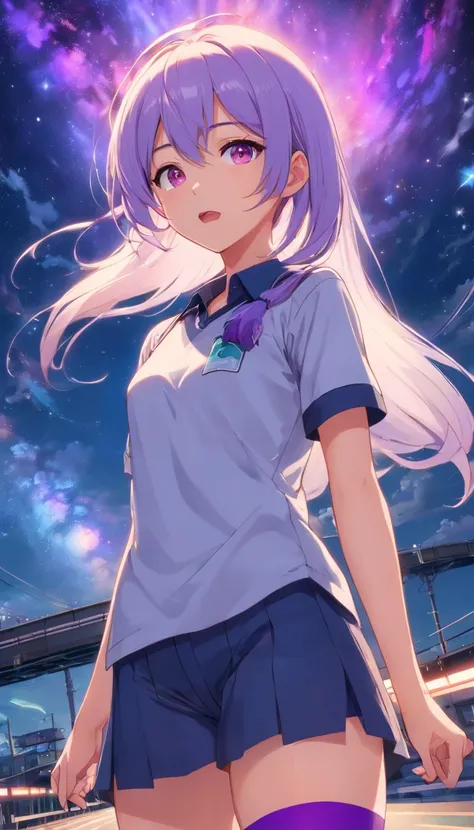 best qualtiy， tmasterpiece， 超高分辨率， realisticlying， 1 girl， long  white hair，Heterochromic pupils，The shirt，（slightly drunken expression），（Stick out your tongue），（winking）（M-legs）Bottoms purple stockings，Straight highway fantastic starry sky，wide angles