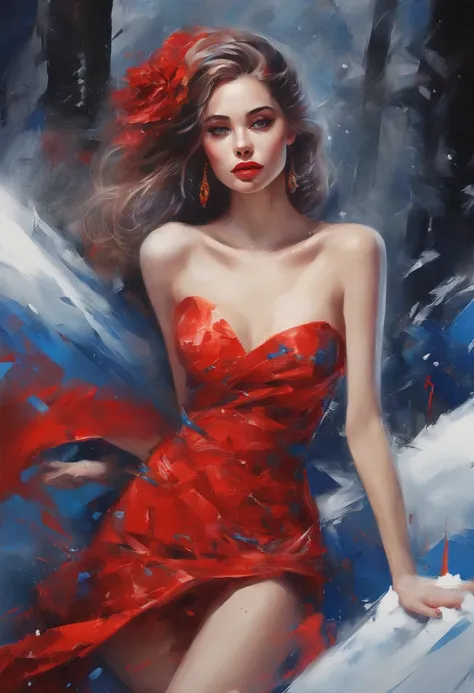 NSFW. (Best Quality,Realistic:1.37), Emotional girl drawing, Whimsical fantasy scenes covered in snow, Bright color of red, Crimson, and a royal blue mini dress, Abstract shapes and line brush strokes, Poster Art, Emotional atmosphere. Striking oil on canv...