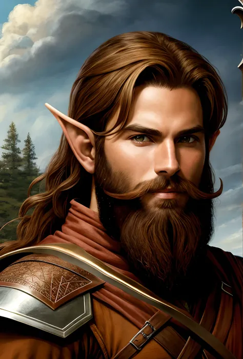 Portrait of Smiling Brown Ranger Half Elf
 Alone with Beard and Two Swords tavern