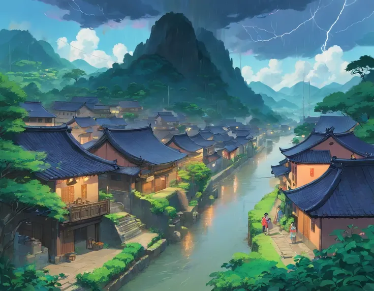 A small village of the Zhuang people in Guangxi， dark stormy clouds, Thunder and lightning, hard rain pouring straight down. Floodwaters flooded the village, Hybrid crops, Homeless, They stood in the rain, Hope for rescue. Their faces were filled with sadn...