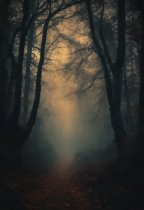 (best quality,4k,8k,highres,masterpiece:1.2),ultra-detailed,(realistic,photorealistic,photo-realistic:1.37),haunted woods,mystical feeling,ominous,enchanted forest,dark shadows,mysterious fog,ancient trees,twisted branches,gloomy atmosphere,ethereal glow,s...