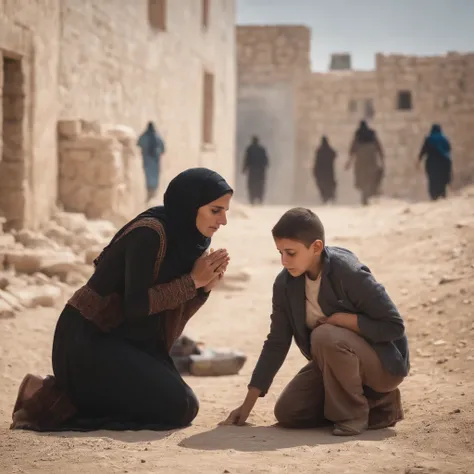 A Palestinian woman, kneeling, holds her son, a dead child.